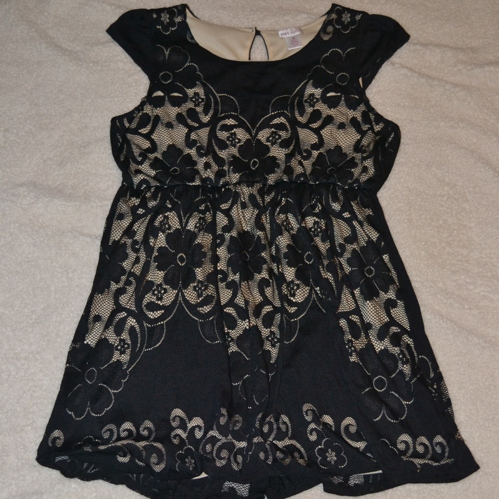 cream dress with floral black lace